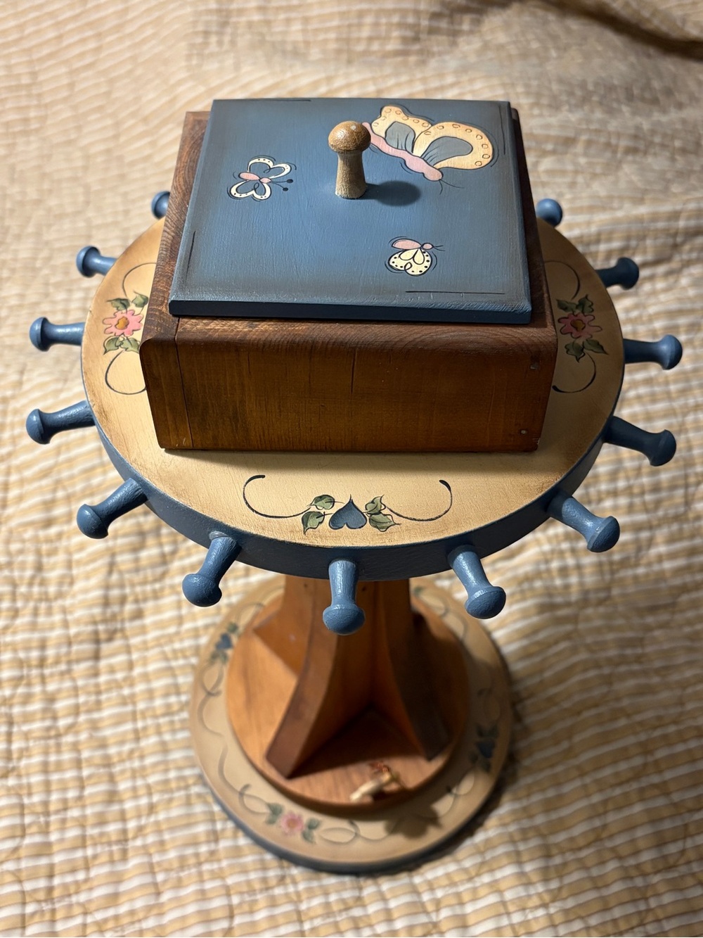 Vintage Hand-Painted Floral Wooden Decorative Rotating Jewelry Display Carousel